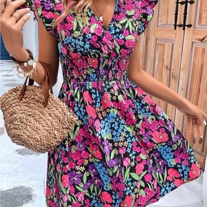 Allover Floral Print Ruffle Trim Dress